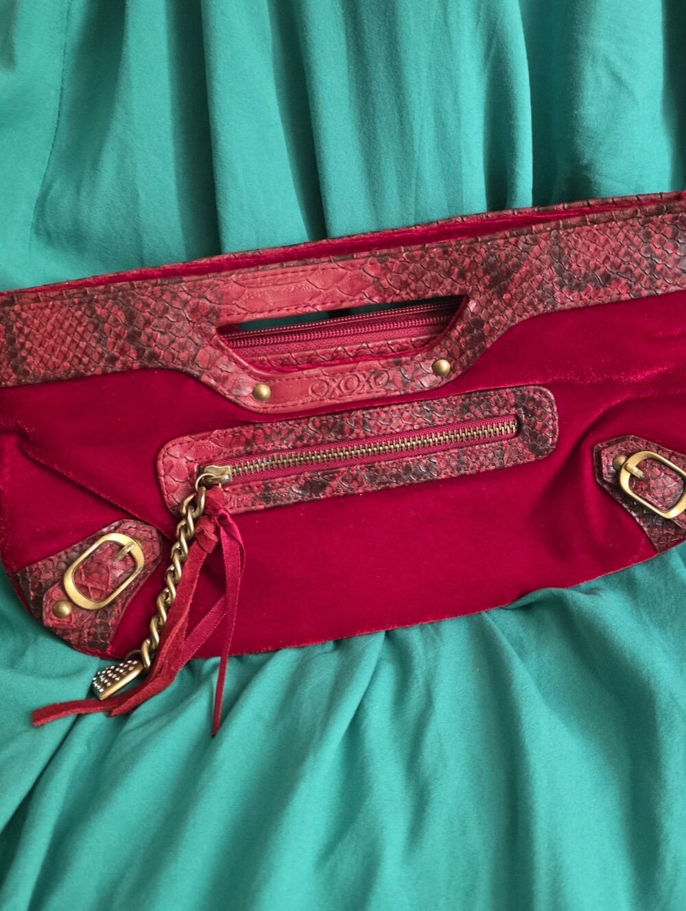 XOXO Red Suede & Snakeskin-Accent Clutch